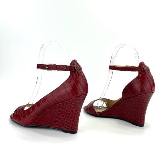 Anthropologie/Farylrobin D'Orsay Wedge Sandal Sz 7 Red Leather Embossed Open-Toe - Picture 11 of 16